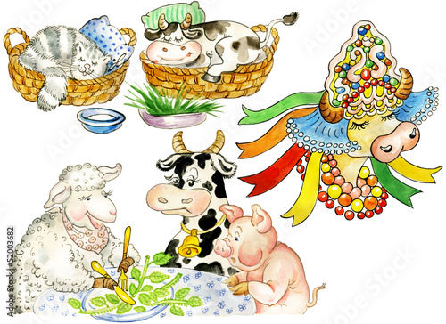 Fototapeta Naklejka Na Ścianę i Meble -  Illustration of funny cute cows
