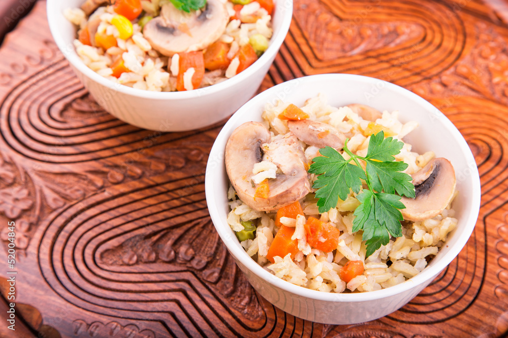 Rice with vegetables and mushrooms with soy sauce