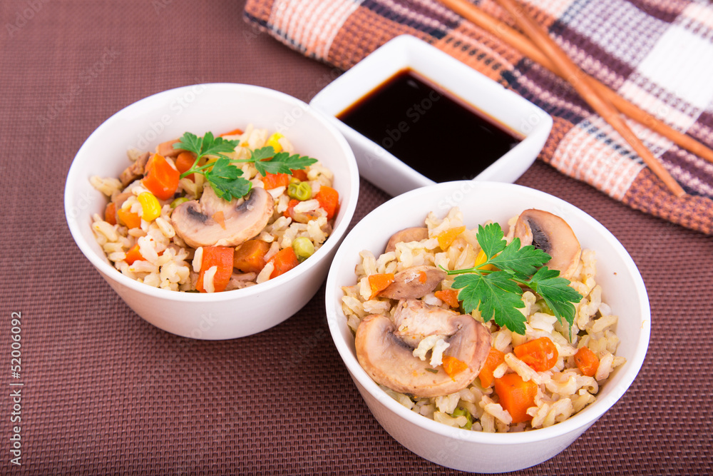 Rice with vegetables and mushrooms with soy sauce Rice with vegetables and mushrooms with soy sauce