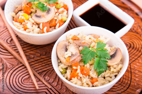 Rice with vegetables and mushrooms with soy sauce