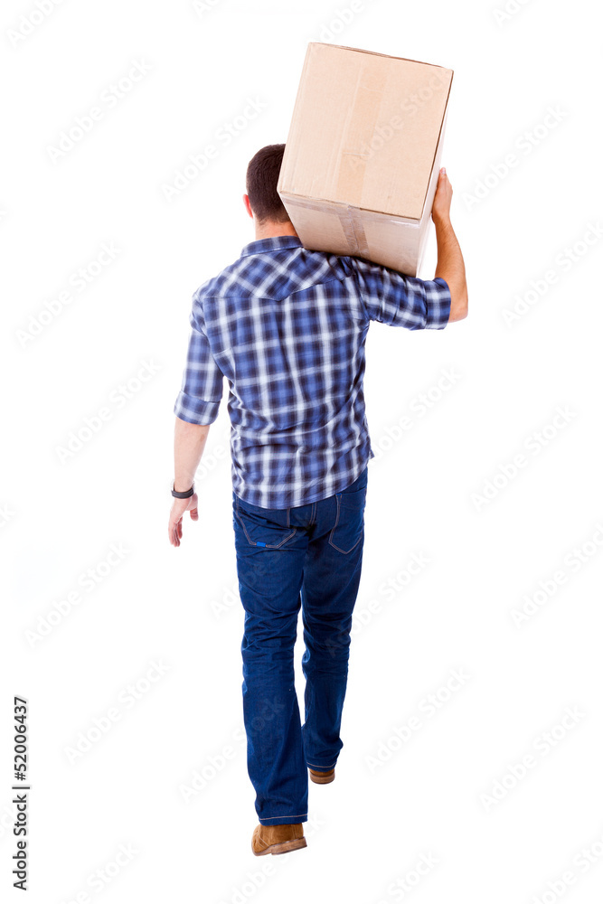 Young man carring a cardboard box, isolated on white background Young man carring a cardboard box, isolated on white background