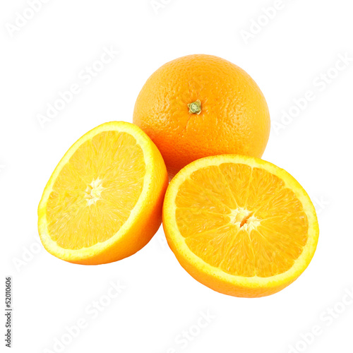 Orange and two riped side fruit on white background.