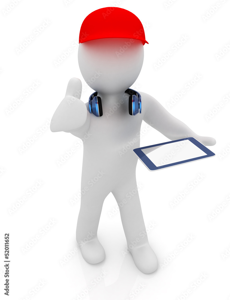 3d white man with thumb up, tablet pc and headphones 3d white man with thumb up, tablet pc and headphones