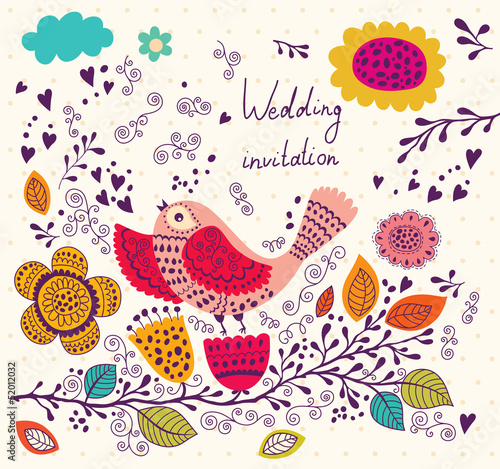 Cute bird on branch. Greeting card