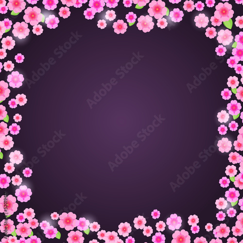 Romantic Pink Floral Frame on Dark Purple Background