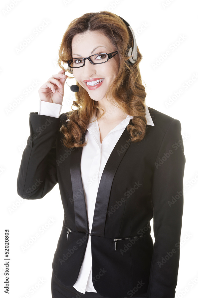 Beautiful call-center assistant smiling Beautiful call-center assistant smiling