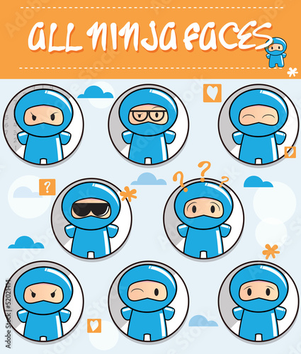 Collection of cartoon ninjas with different faces