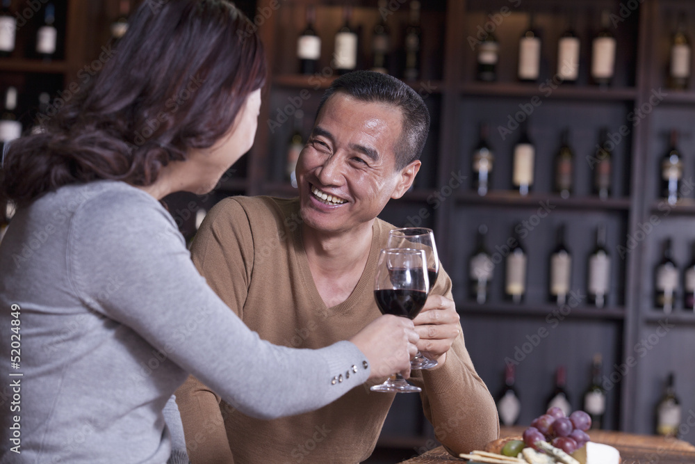 Mature Couple Toasting and Enjoying Themselves Drinking Wine, Focus on Male