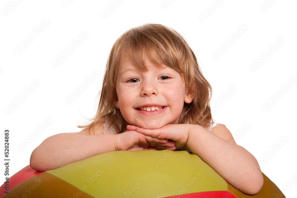 Smiling pretty child with fitness ball. Isolated on white Smiling pretty child with fitness ball. Isolated on white