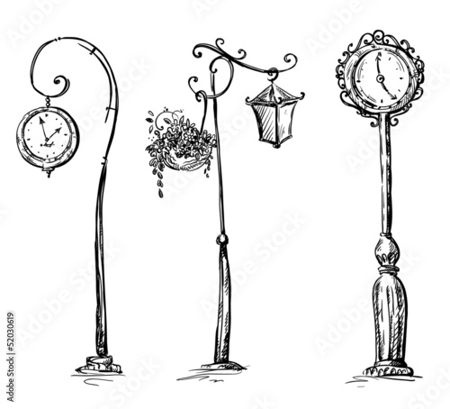Street clocks and a lamp post, hand-drawn