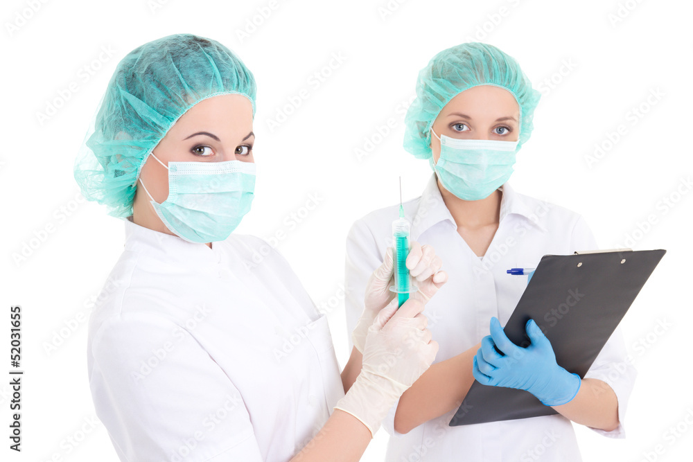 doctor with syringe and nurse over white doctor with syringe and nurse over white