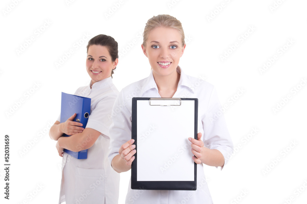 two young beautiful nurses with folders. copyspace two young beautiful nurses with folders. copyspace