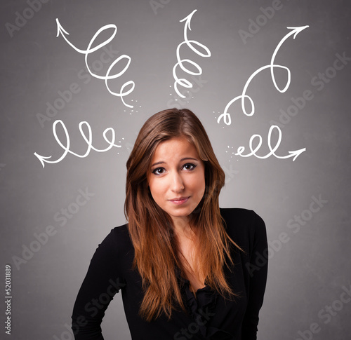 Young woman thinking with arrows overhead