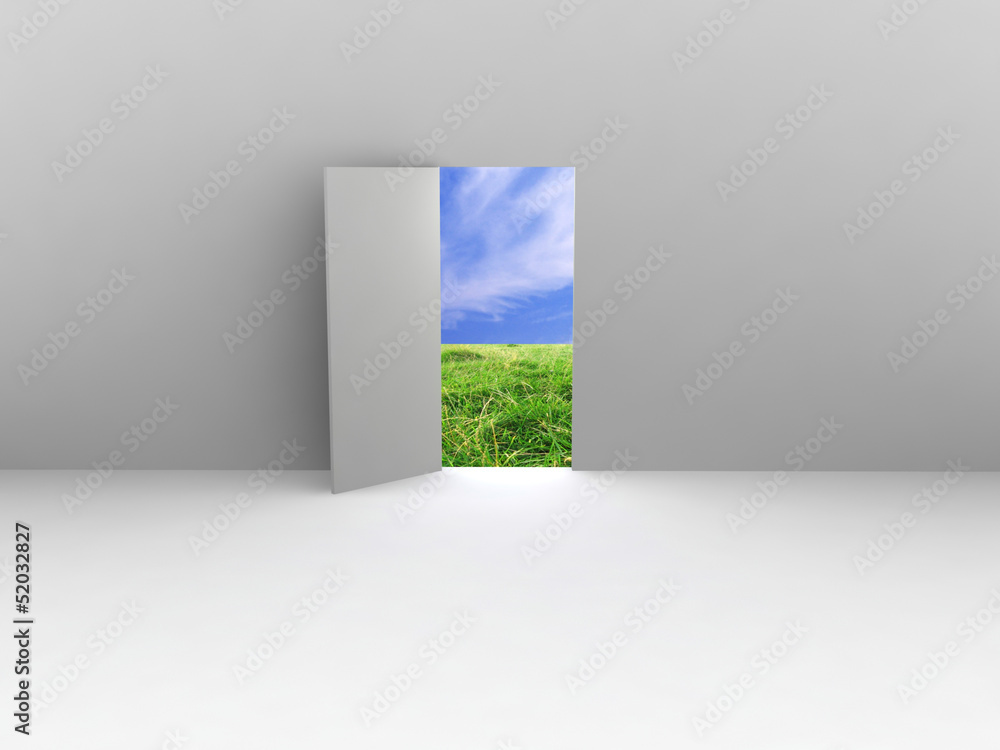 Exit with door to natural landscape. Concept - echo house. Exit with door to natural landscape. Concept - echo house.