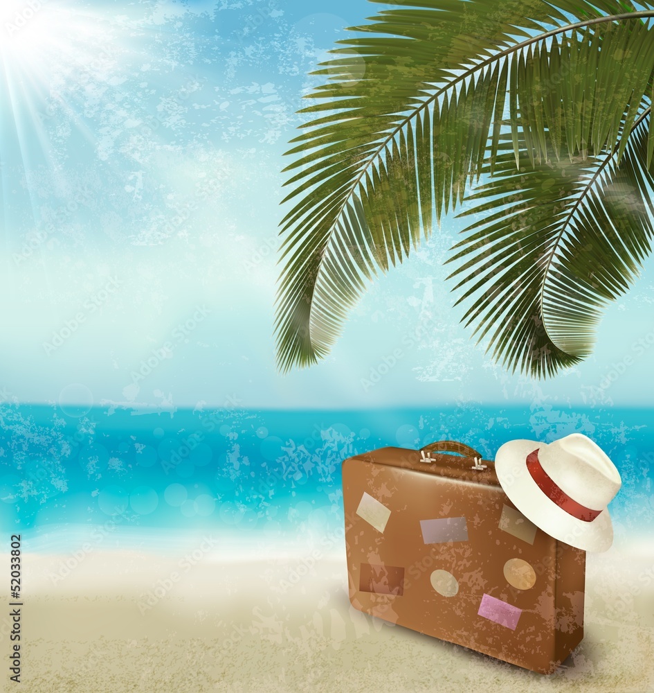 Obraz premium Vintage beautiful seaside background with suitcase and a hat. Ve