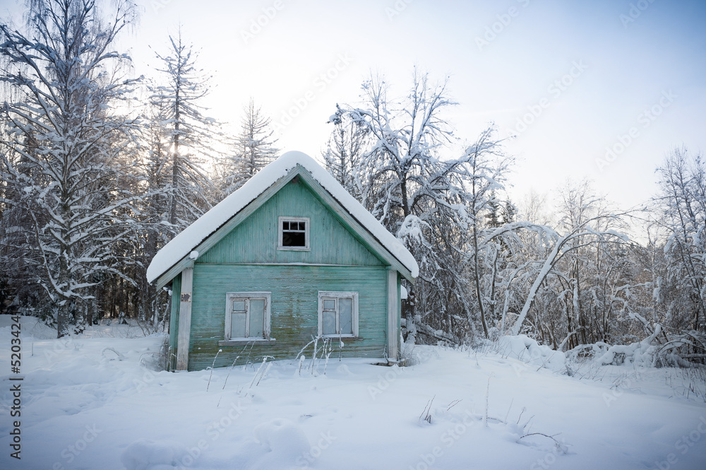 Holzhaus in verscheintem russischen Wald