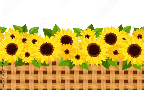 Horizontal seamless background with sunflowers and wicker.