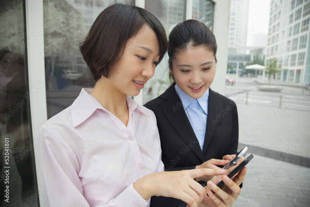 Obraz premium Young businesswomen looking at their cell phones