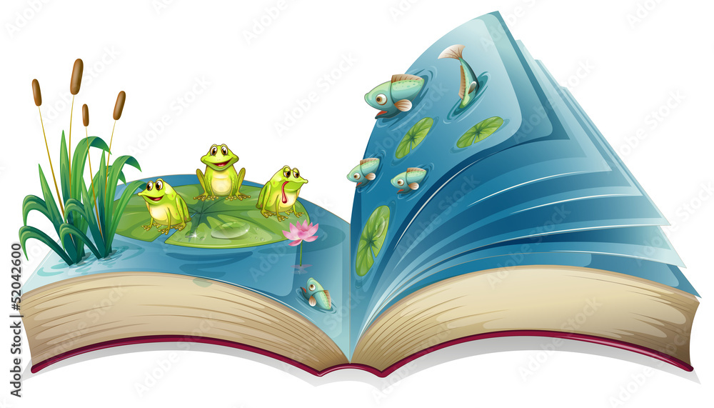 Fototapeta premium A book with an image of the frogs and fishes in the pond