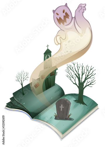 A book with an image of a graveyard