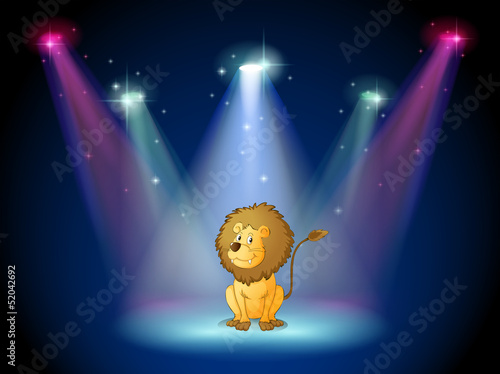 A lion sitting with spotlights