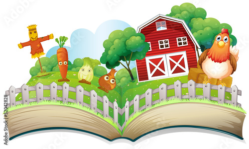 A book with an image of a farm