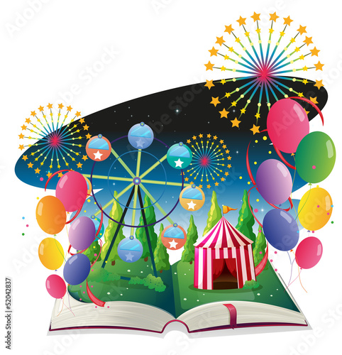 A book with an image of a carnival with balloons