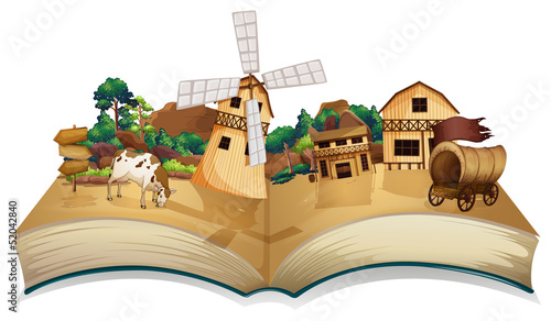 A book with an image of a village and wooden arrowboards