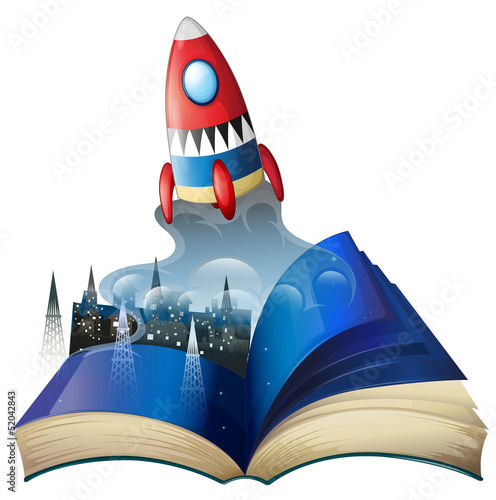 A book with an image of celltowers and a spaceship