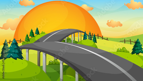 A long road with a sunset