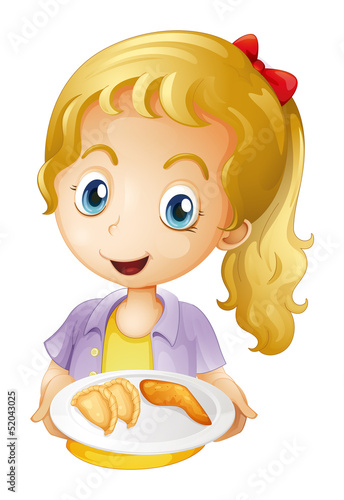 A girl holding a plate with foods