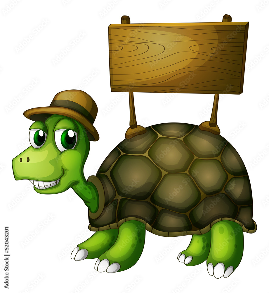 Fototapeta premium A turtle with a wooden signboard at the back