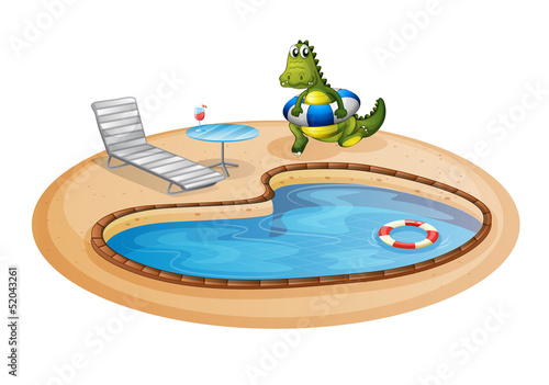 A swimming pool with a crocodile inside a buoy
