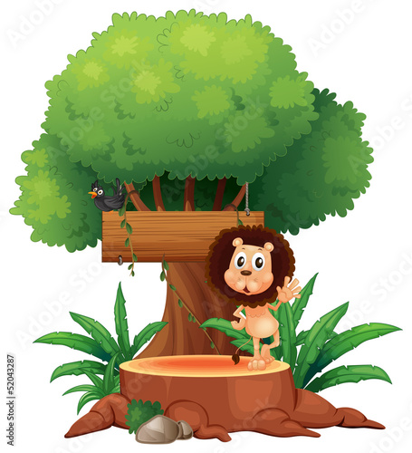 A lion and a bird under the tree with an empty sign