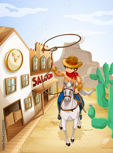 A cowboy riding in a horse holding a rope