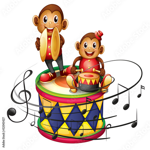 Two monkeys above a big drum photo