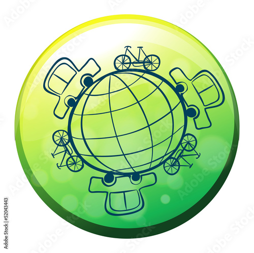 A globe surrounded by bicycles and cars