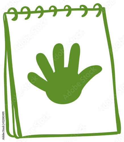 A green notebook with a drawing of a hand