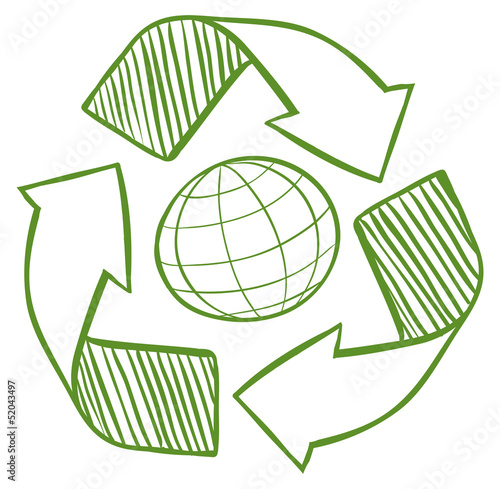 A globe surrounded by recycling signs
