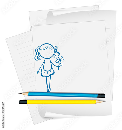 A paper with a drawing of a girl holding a flower