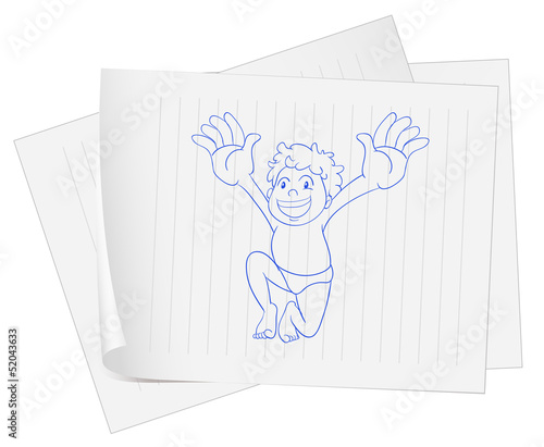 A paper with a drawing of a young fat boy