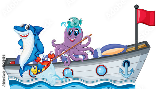 Sea creatures riding on a boat with flag
