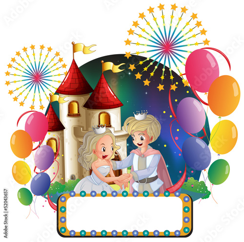A prince and a princess in front of a castle with an empty signa