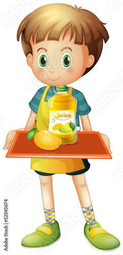 A boy holding a tray with mango juice