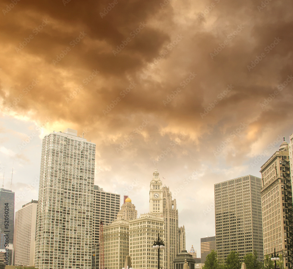 Chicago, Illinois. Beautiful view of Buildings with colourful sk Chicago, Illinois. Beautiful view of Buildings with colourful sk