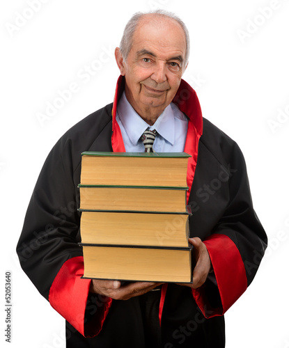 Senior judge carrying law books isolated on white
