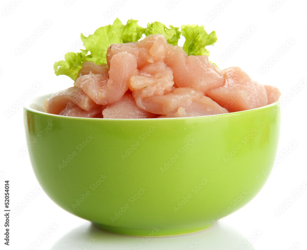 raw chicken meat in bowl, isolated on white raw chicken meat in bowl, isolated on white