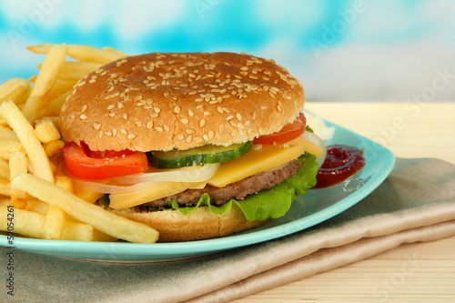 Tasty cheeseburger with fried potatoes, on bright background