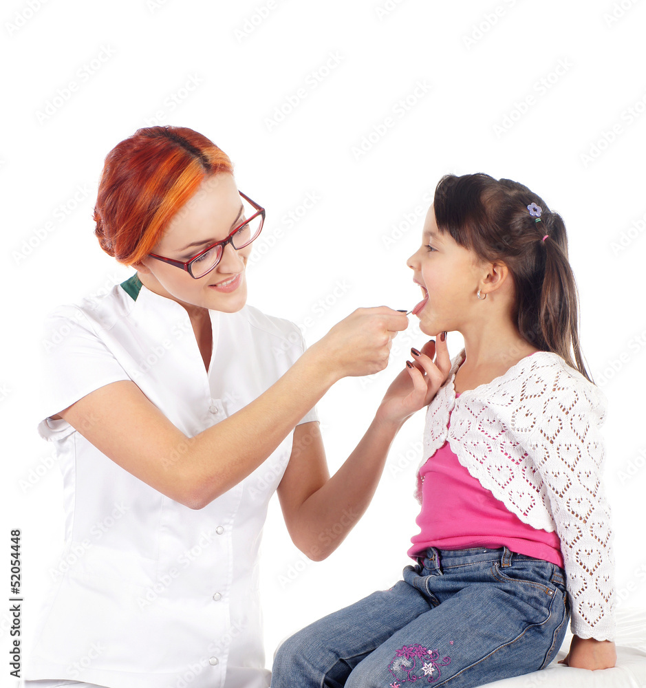 Attractive young doctor and the little girl isolated on white