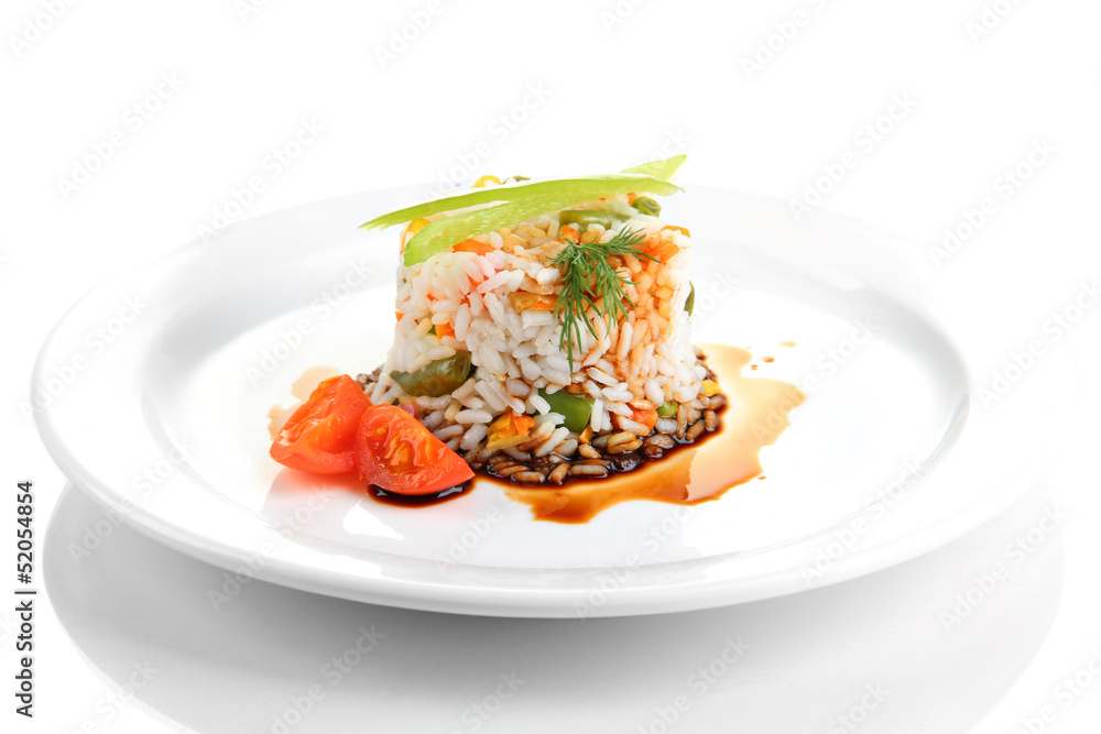 Delicious risotto with vegetables, isolated on white Delicious risotto with vegetables, isolated on white